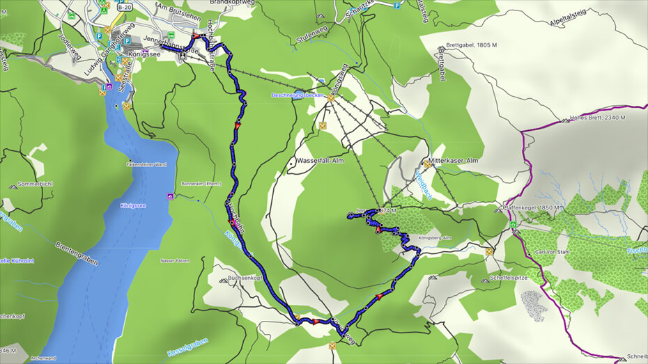 Bergwanderung zum Jenner ab Schönau am Königssee - geplante Route